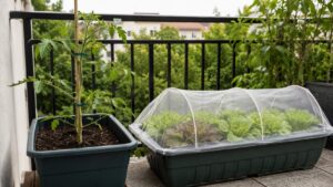 トマトの支柱と葉物野菜の防虫ネットを設置したプランター
