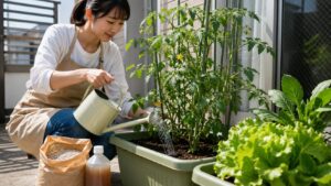 プランターのトマトに朝の水やりをする家庭菜園初心者