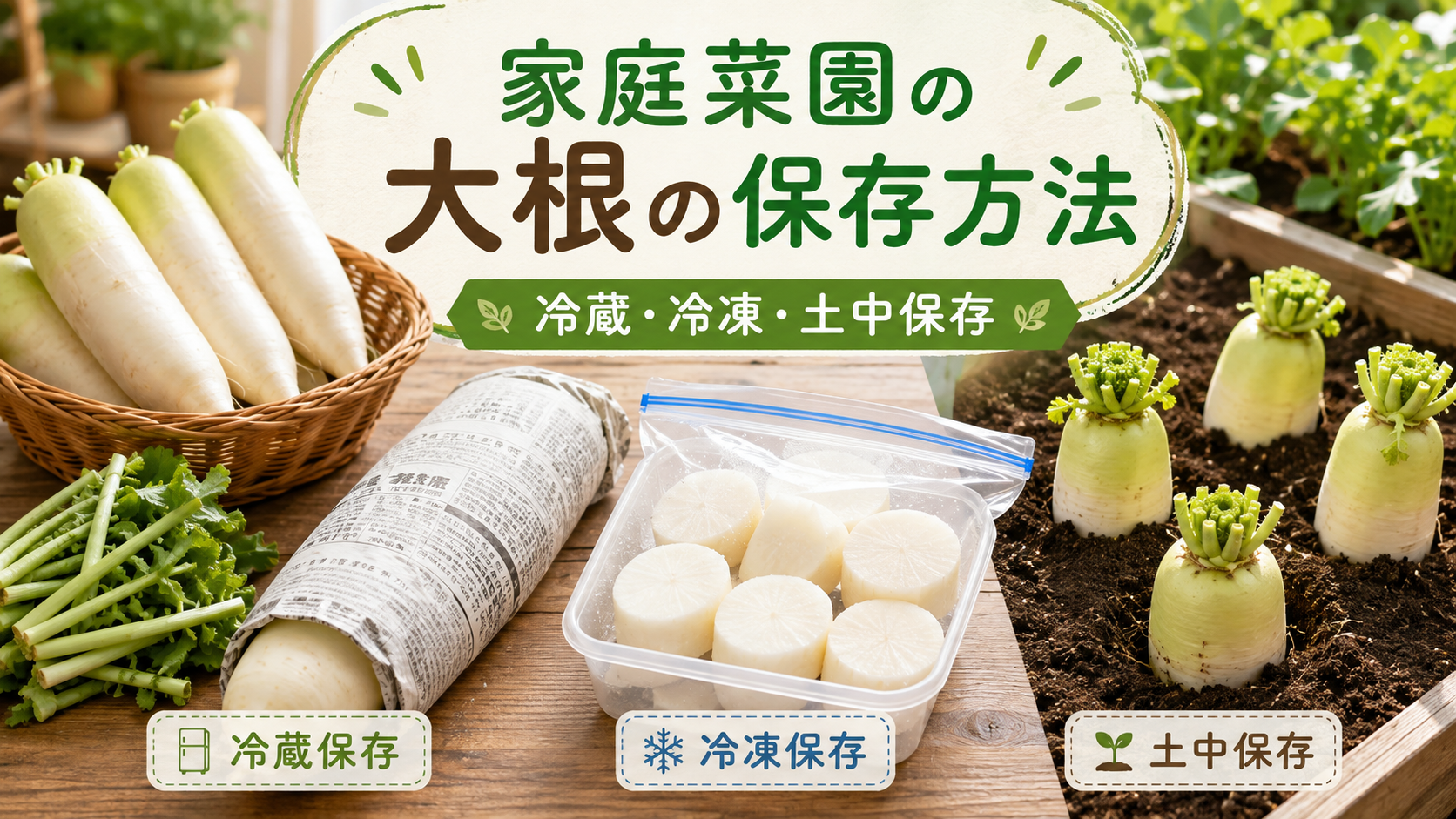 家庭菜園で収穫した大根の冷蔵・冷凍・土中保存の方法を紹介するアイキャッチ画像