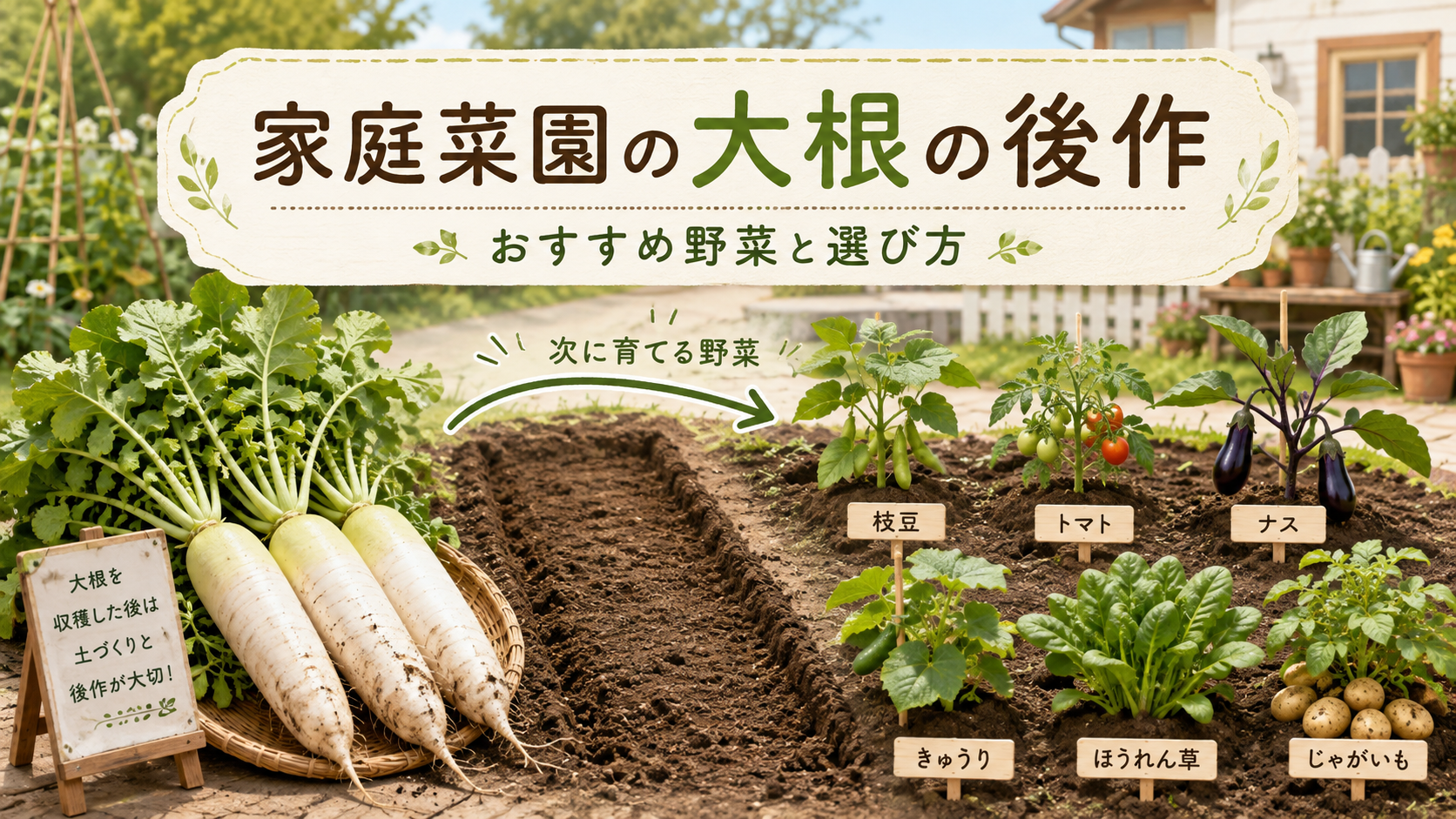 家庭菜園で収穫した大根と、後作におすすめの枝豆・トマト・ナス・キュウリ・ほうれん草・じゃがいもを植えた畑