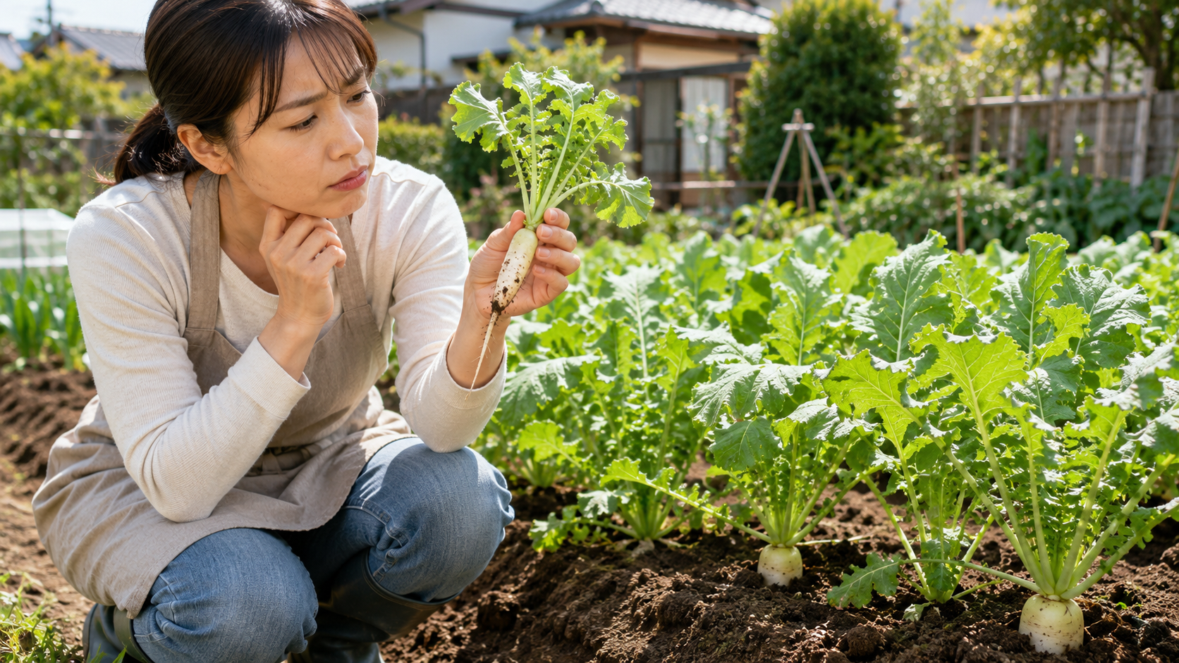 家庭菜園で大きくならなかった小さな大根を手に取り、生育状態を確認する女性