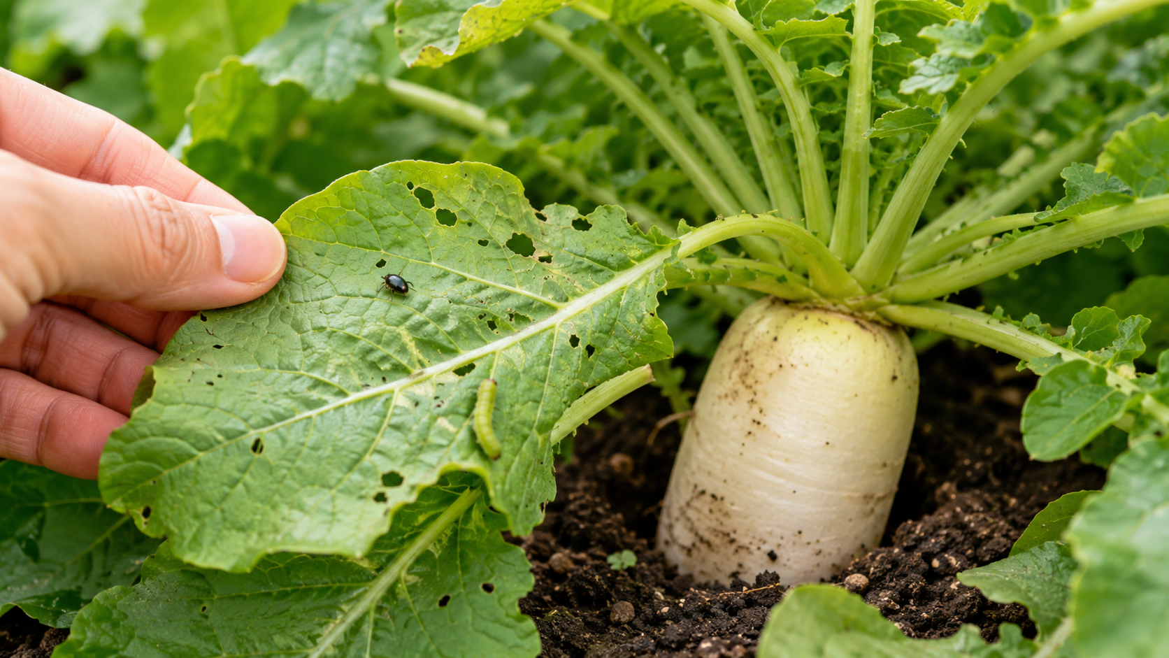 家庭菜園で大根の葉についた害虫と虫食い跡を確認している様子