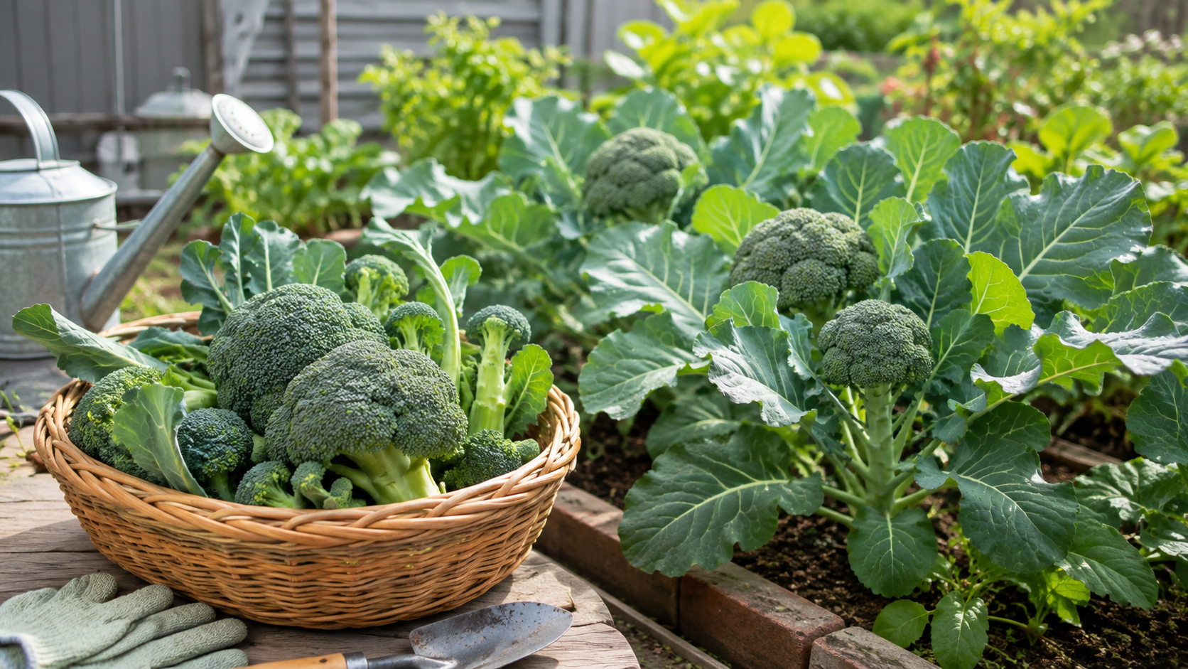 家庭菜園で育てたブロッコリーと、収穫した頂花蕾・側花蕾を入れたバスケット