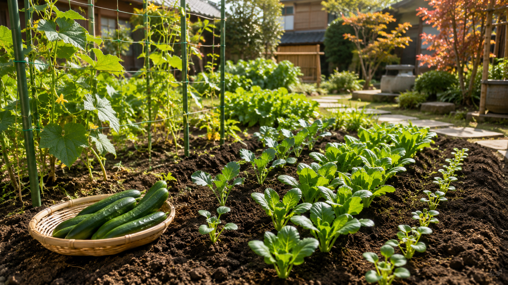 家庭菜園で収穫したきゅうりと、後作として植えた小松菜やブロッコリーなどの秋冬野菜
