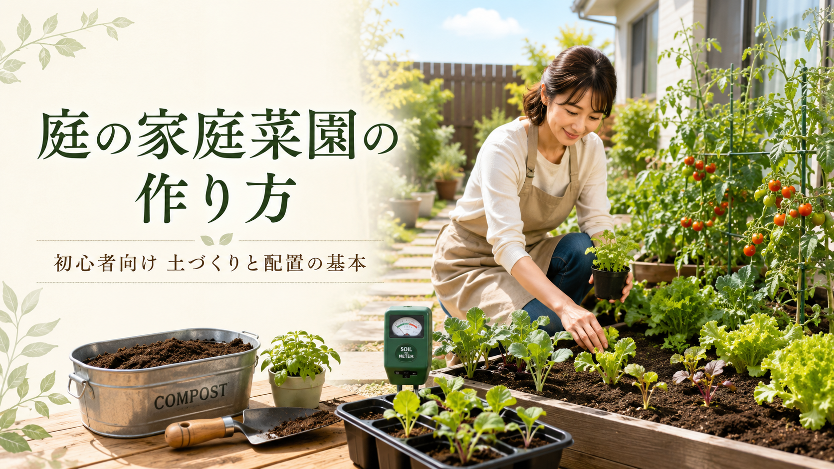 庭の家庭菜園で土づくりをしながら野菜の苗を植える初心者向け菜園の様子