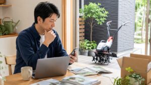 通販で家庭菜園用耕運機の価格や仕様を比較する日本人男性
