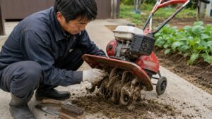 家庭菜園用耕運機のローターに絡んだ草や根を清掃する男性