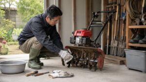 使用後の家庭菜園用耕運機の爪を清掃する日本人男性