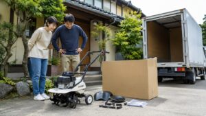 通販で購入した家庭菜園用耕運機が自宅へ配送された様子