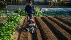 培土器付き耕運機で家庭菜園の畝立てをする日本人男性