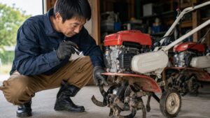 中古耕運機のエンジンやローターを点検する日本人男性