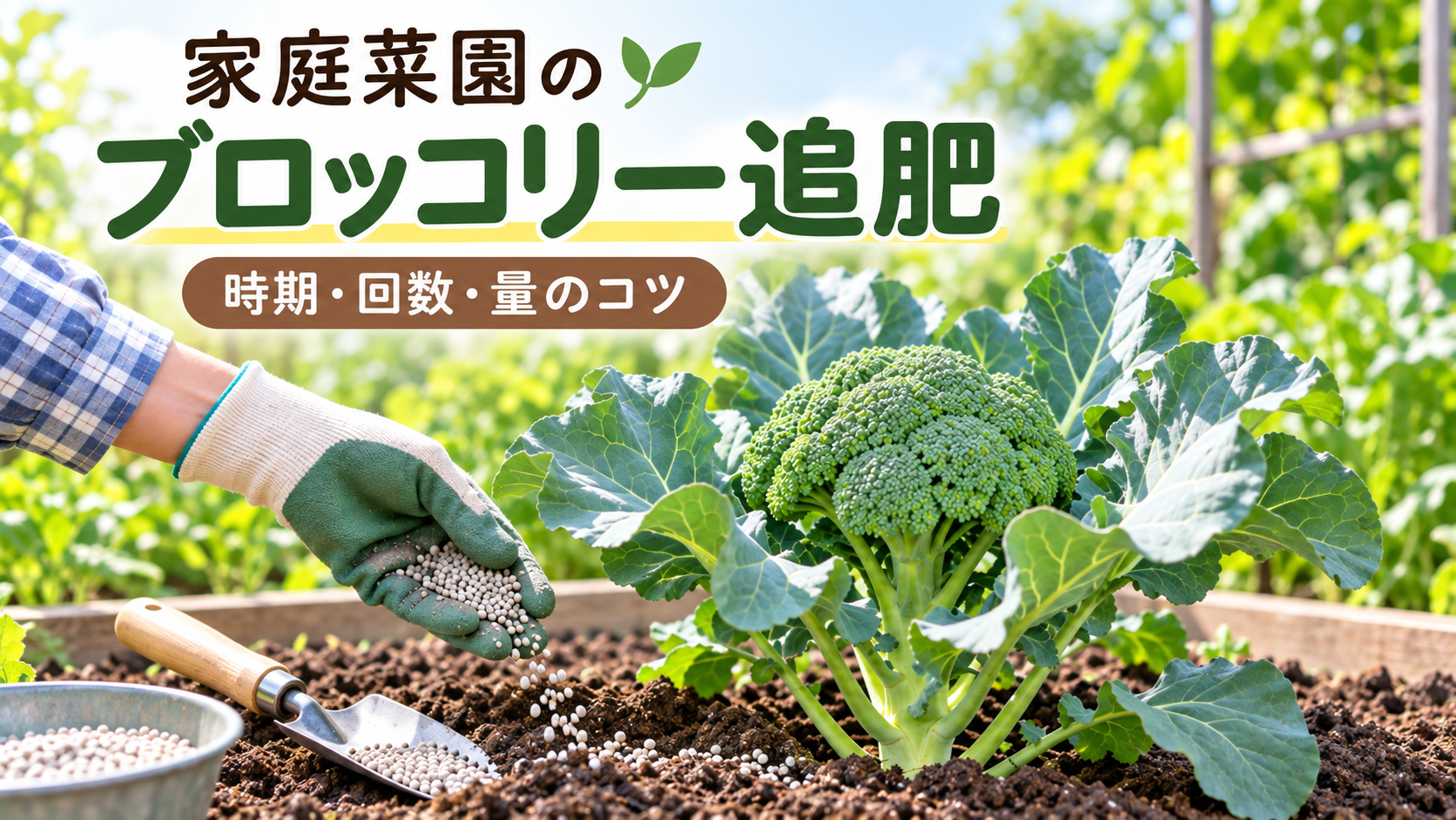 家庭菜園で育てたブロッコリーの株元に粒状肥料を追肥している様子