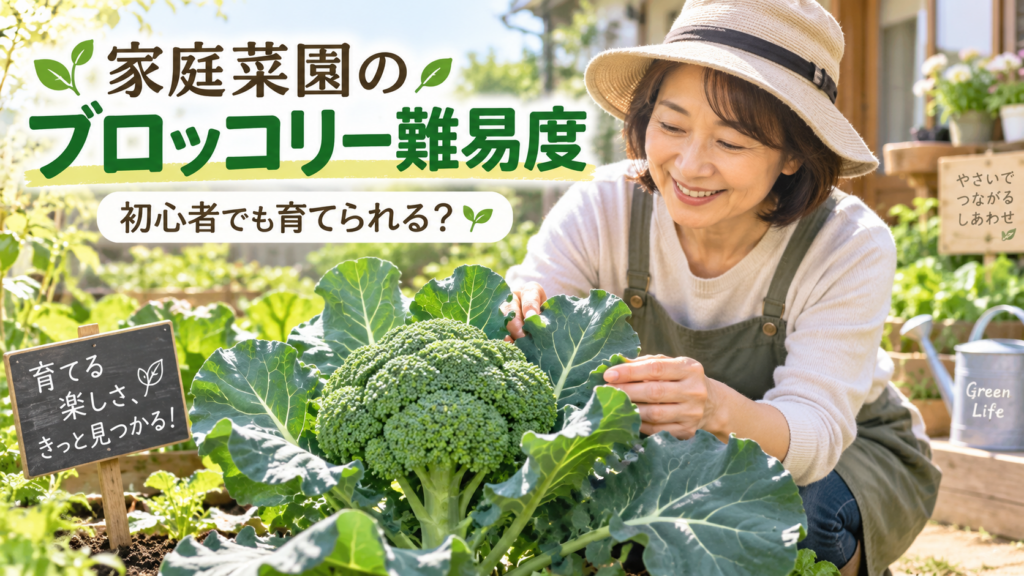 家庭菜園で大きく育ったブロッコリーを確認する女性と「家庭菜園のブロッコリー難易度」の文字